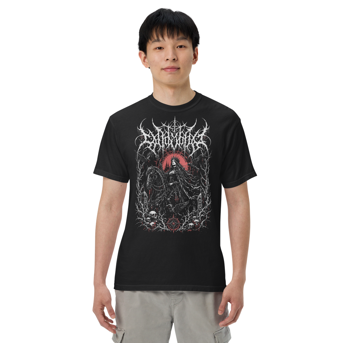 Crowned Sorceress black heavyweight T-shirt, original Printful on-body view