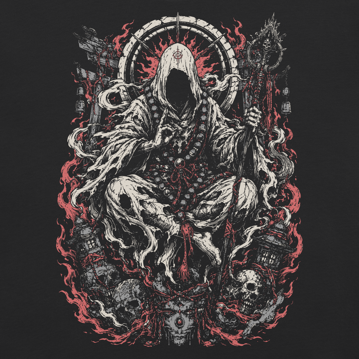 Death Monk black heavyweight T-shirt, original Printful artwork-detail view