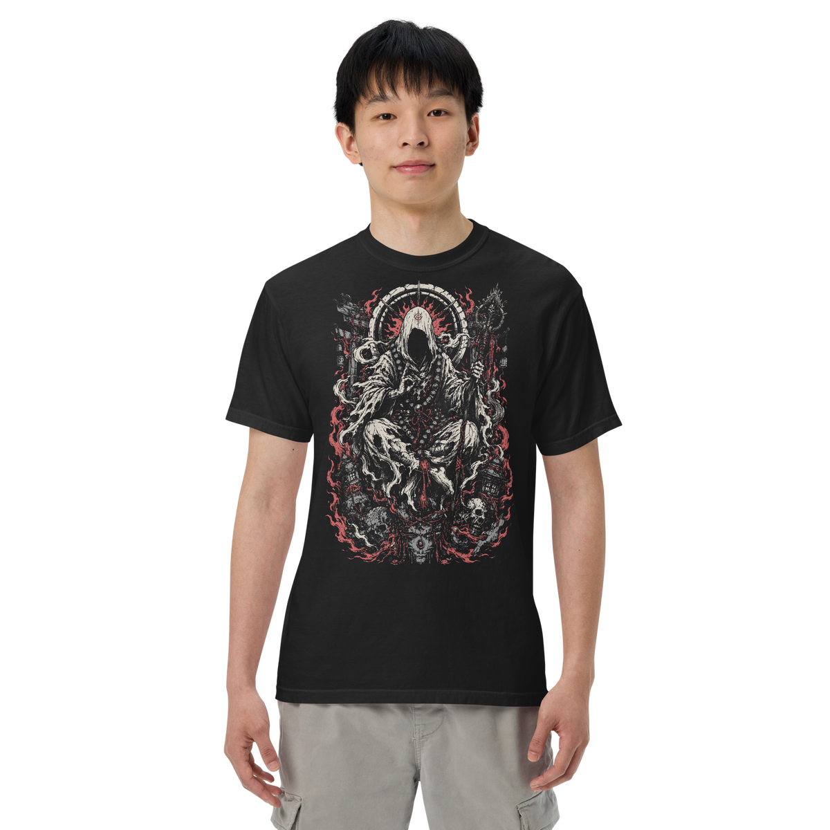 Death Monk black heavyweight T-shirt, original Printful on-body view