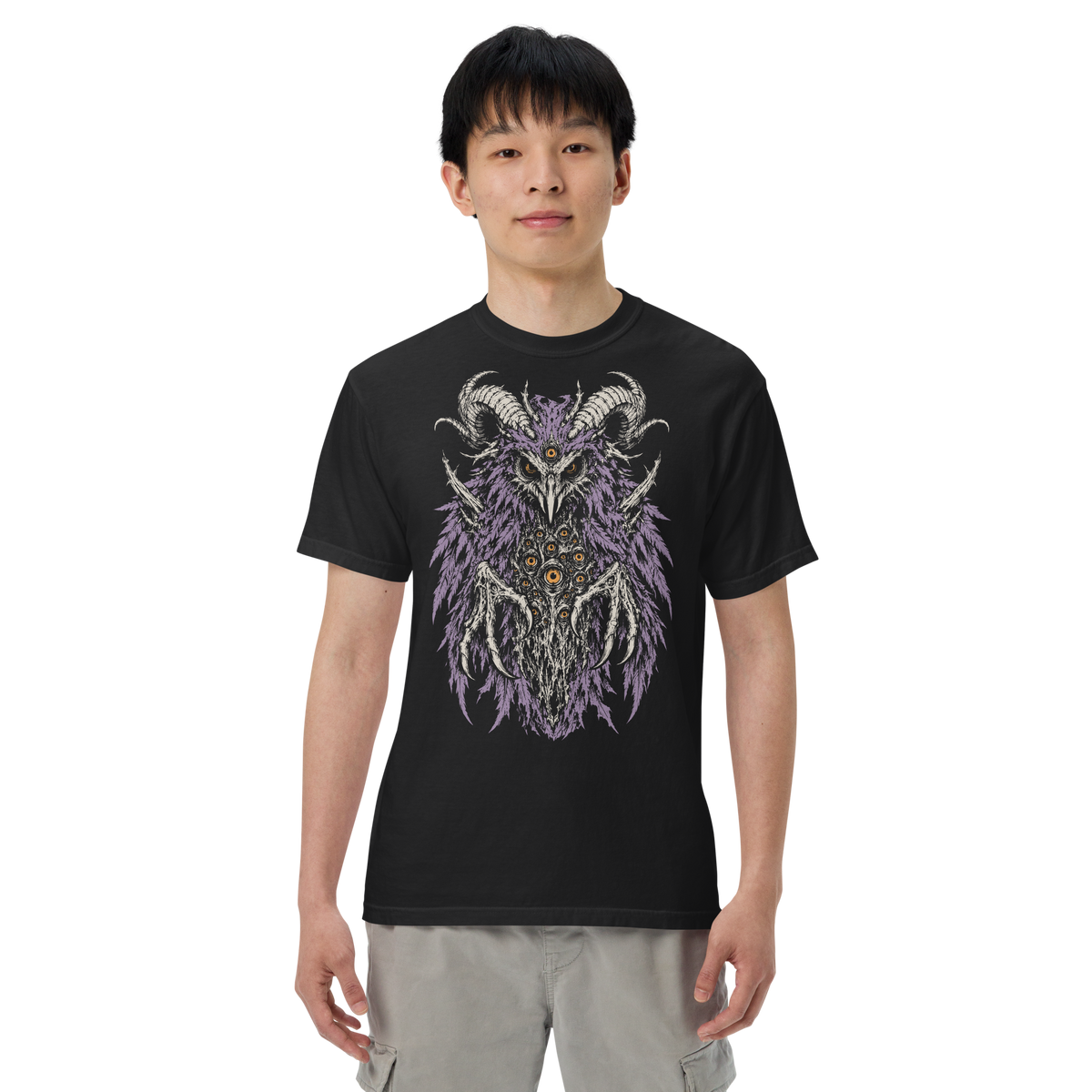 Demon Owl black heavyweight T-shirt, original Printful on-body view