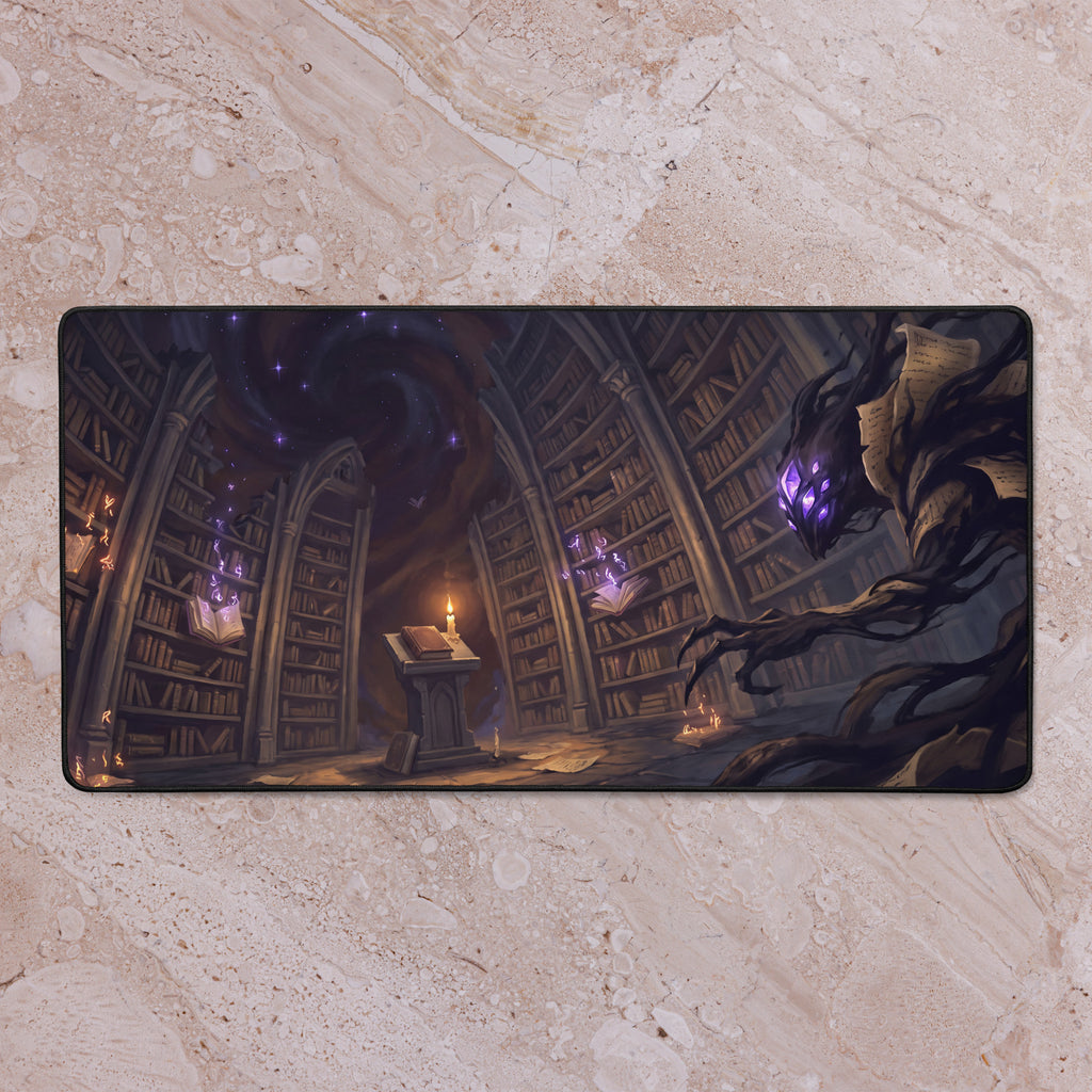 The Midnight Athenaeum 16x32 inch playmat shown on a tabletop