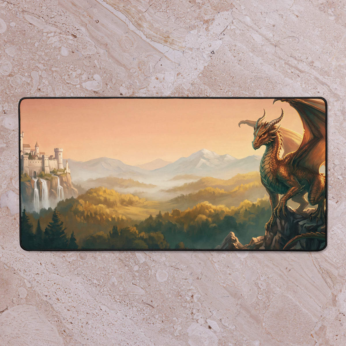 Copper Dragon at Dawn 16x32 inch playmat shown on a tabletop