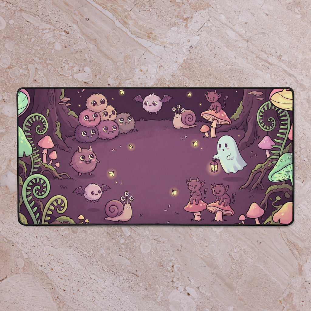 Mushroom Hollow Mischief 16x32 inch playmat shown on a tabletop