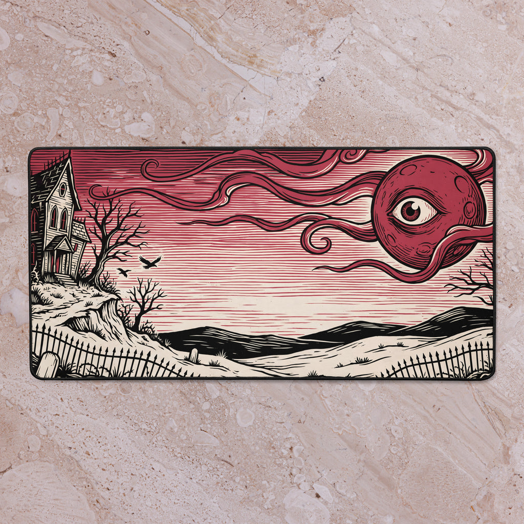 Red Eye Moon Manor 16x32 inch playmat shown on a tabletop