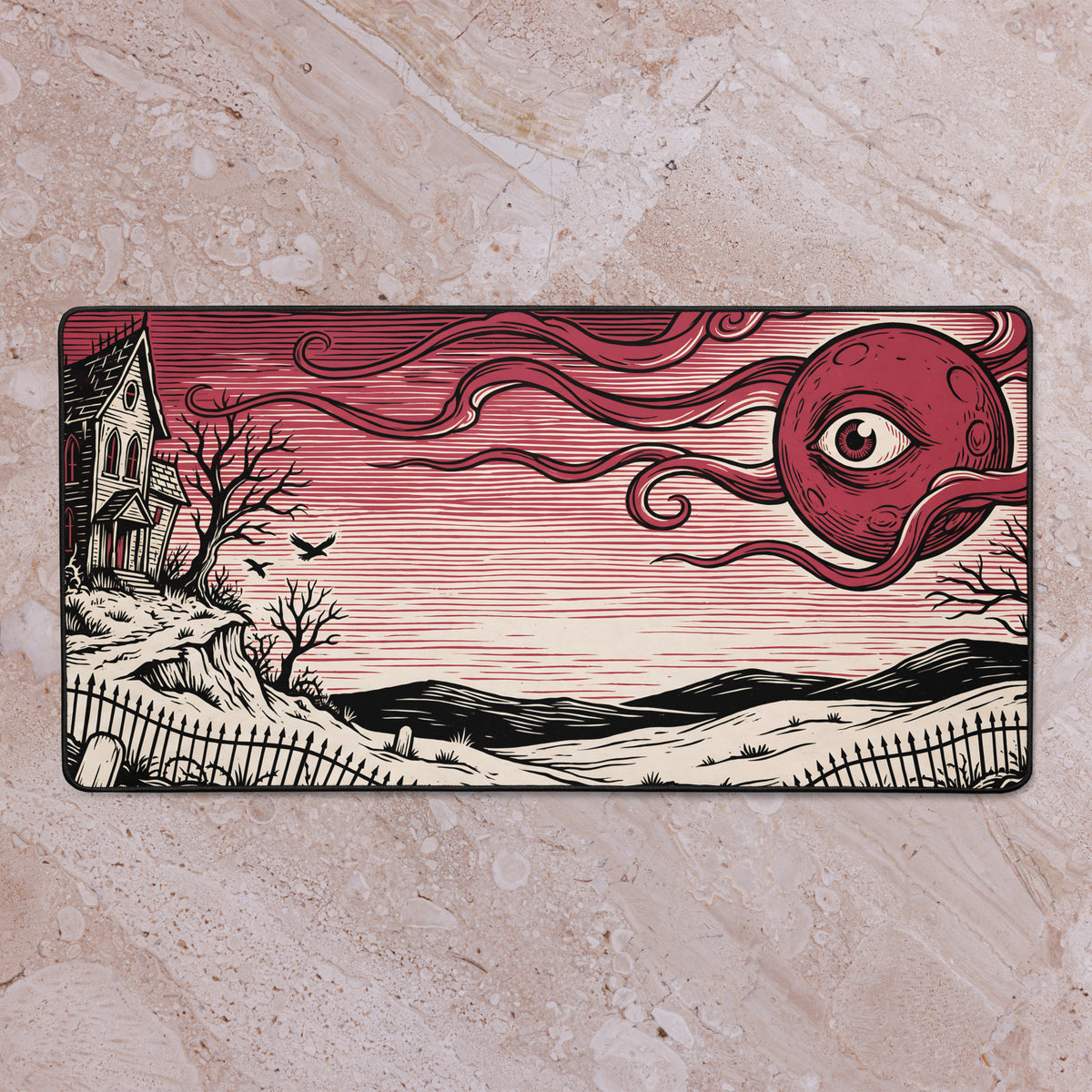 Red Eye Moon Manor 16x32 inch playmat shown on a tabletop