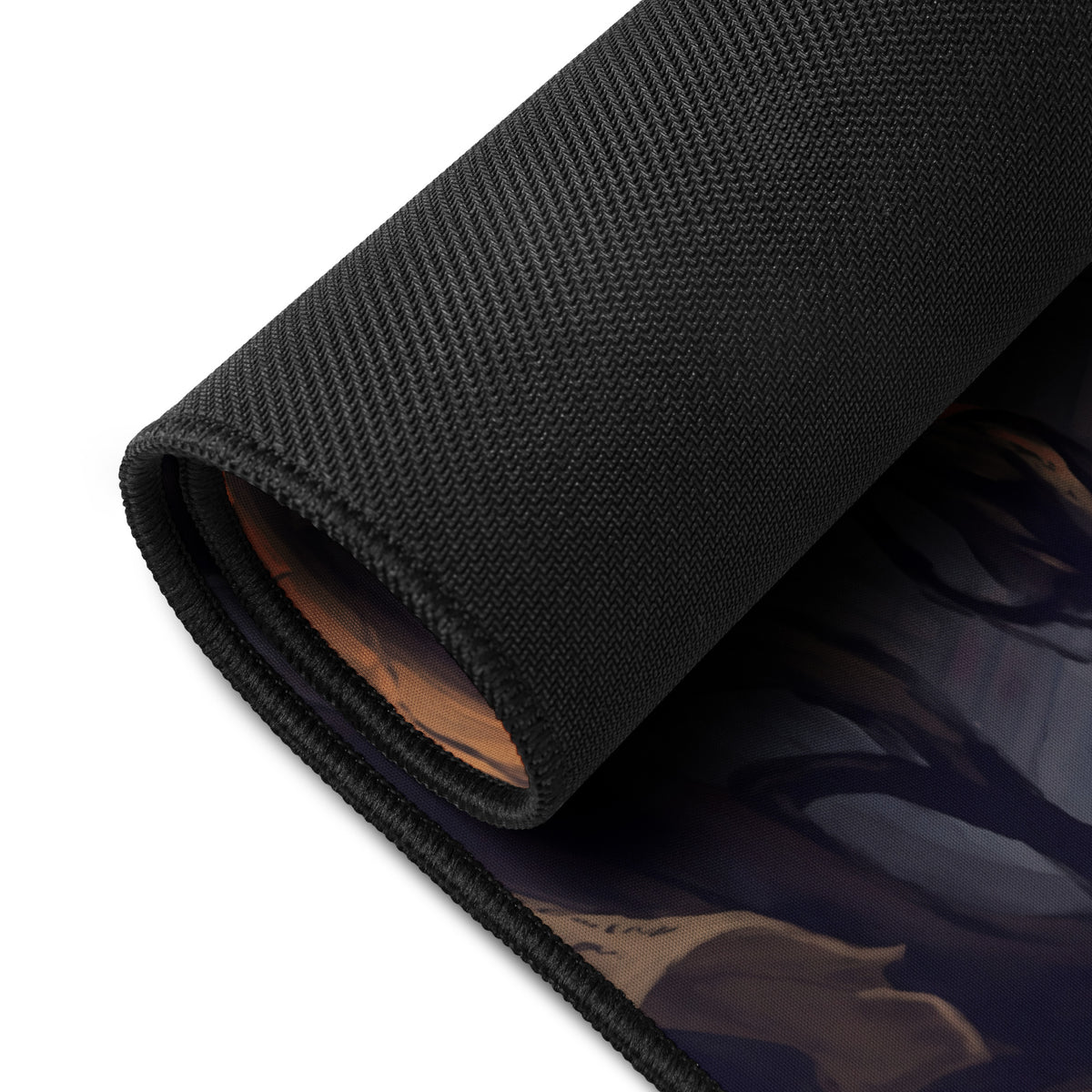 The Midnight Athenaeum 16x32 inch playmat, rolled corner showing the black rubber base
