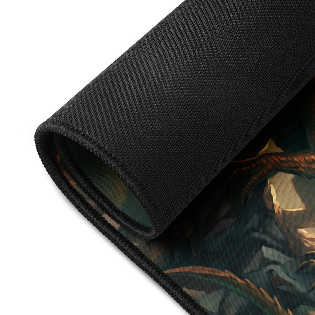 Copper Dragon at Dawn 16x32 inch playmat, rolled corner showing the black rubber base