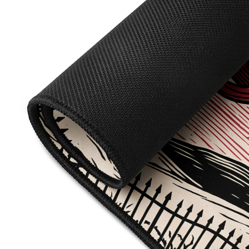 Red Eye Moon Manor 16x32 inch playmat, rolled corner showing the black rubber base