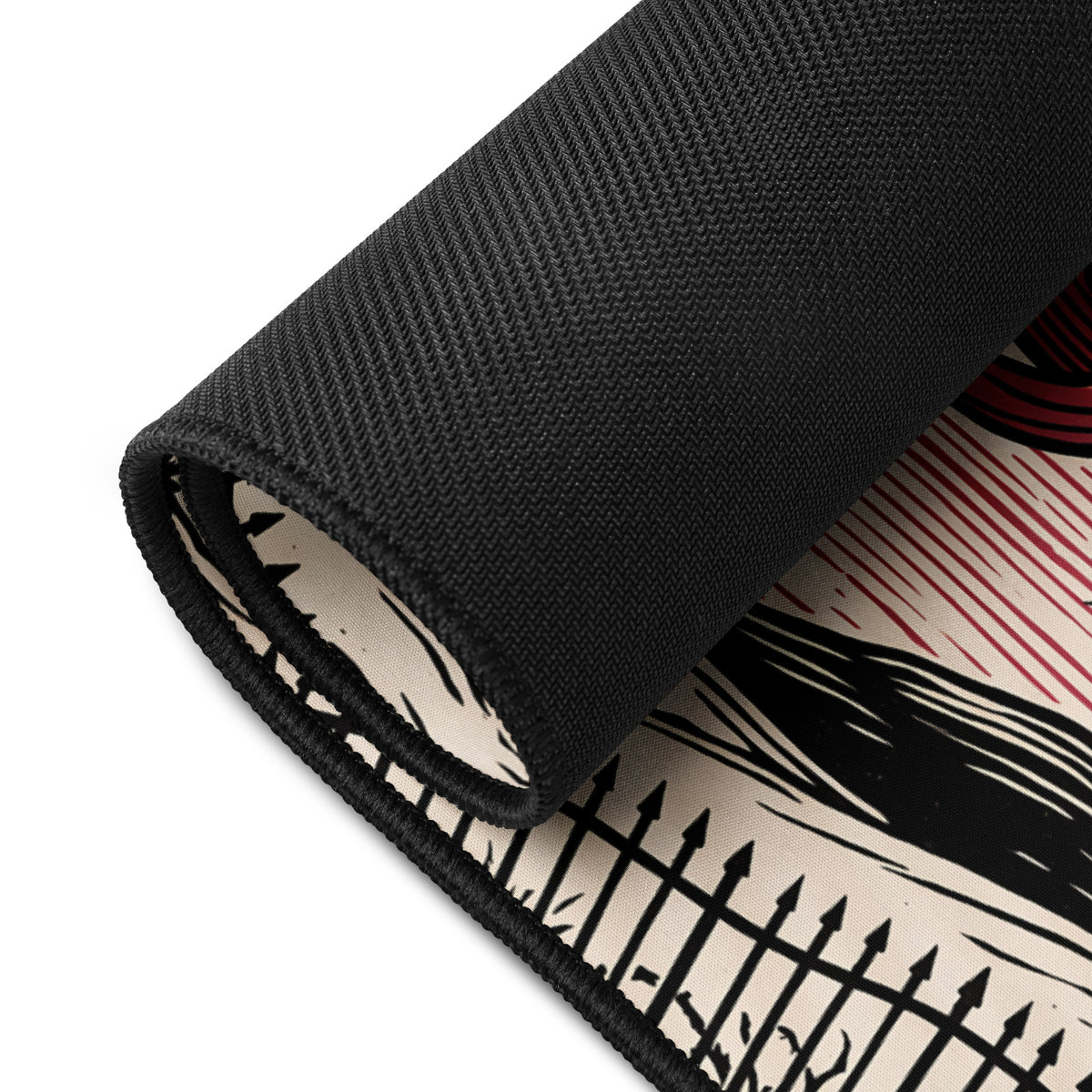 Red Eye Moon Manor 16x32 inch playmat, rolled corner showing the black rubber base