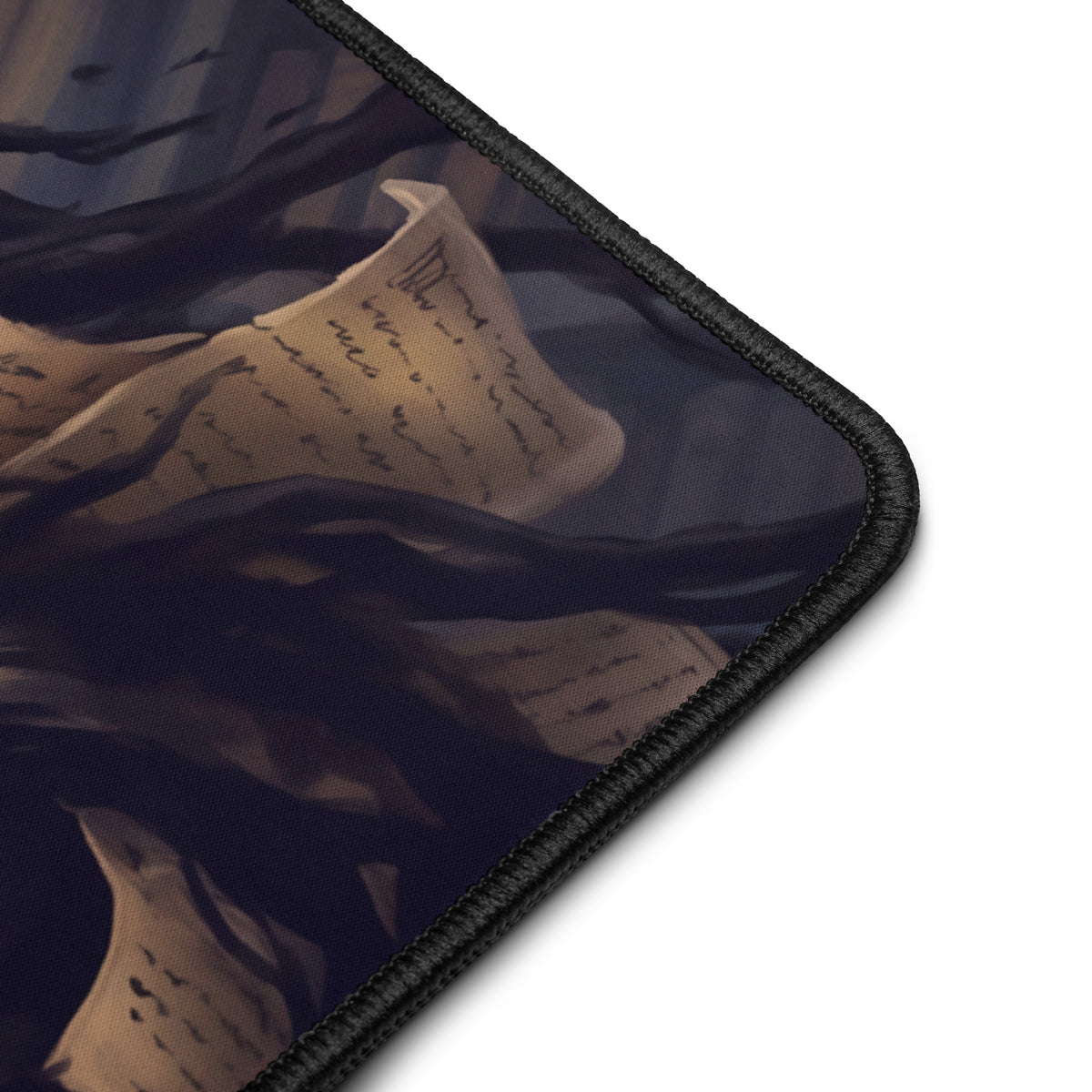 The Midnight Athenaeum 16x32 inch playmat, corner close up