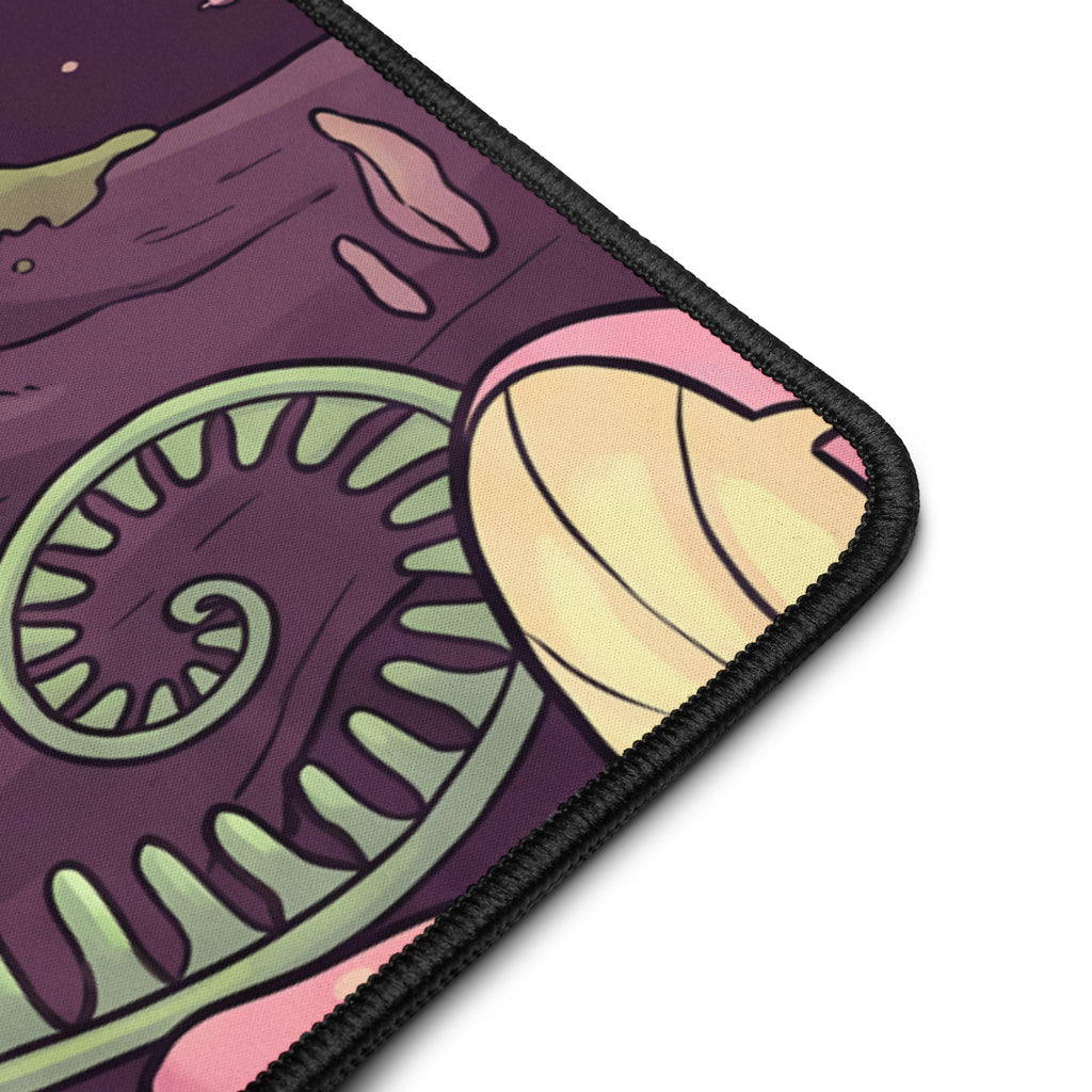 Mushroom Hollow Mischief 16x32 inch playmat, corner close up