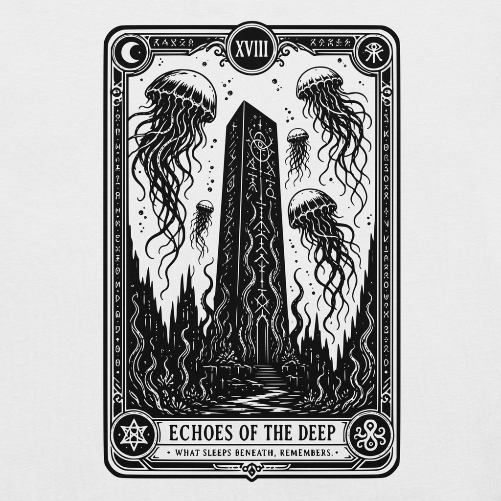 Echoes of the Deep solid white blend t-shirt, original Printful artwork detail