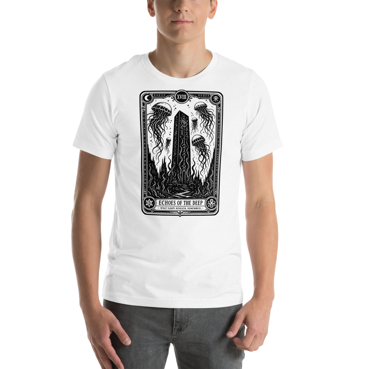 Echoes of the Deep solid white blend t-shirt, original Printful front on-body view