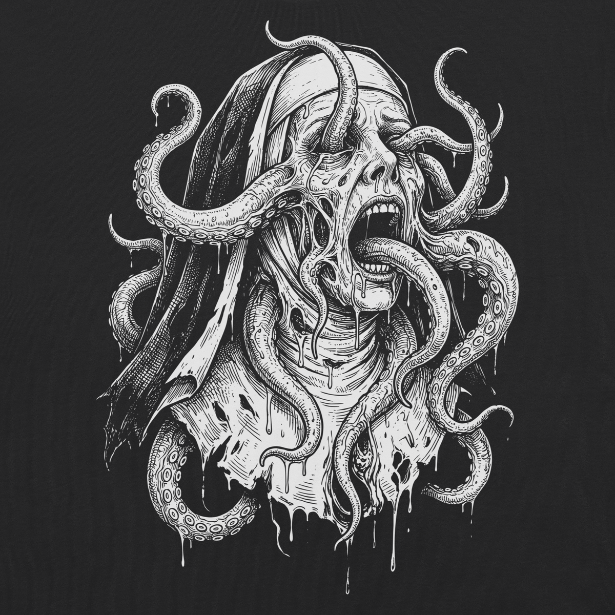 Eldritch Devotion black heavyweight t-shirt, original Printful artwork detail