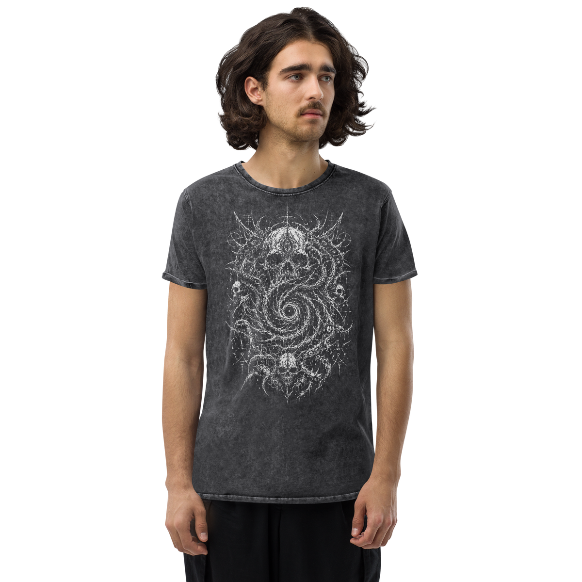 Eldritch Skull Vortex black denim t-shirt, original Printful front on-body view