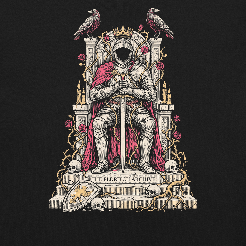 Printful supplier artwork detail mockup of The Empty Throne Waits on the original black T-shirt.
