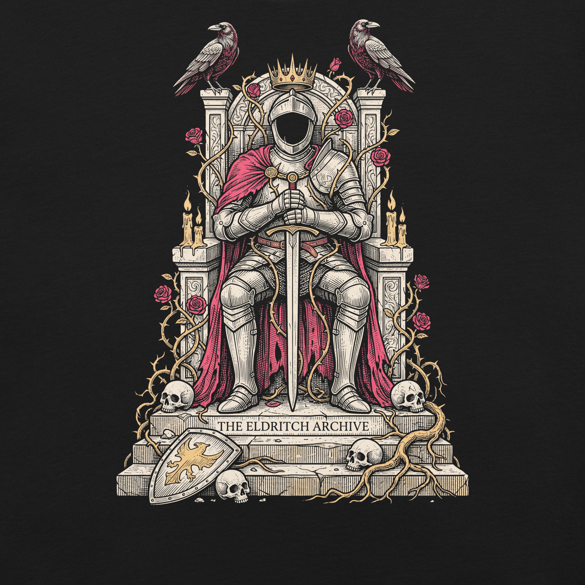 Printful supplier artwork detail mockup of The Empty Throne Waits on the original black T-shirt.