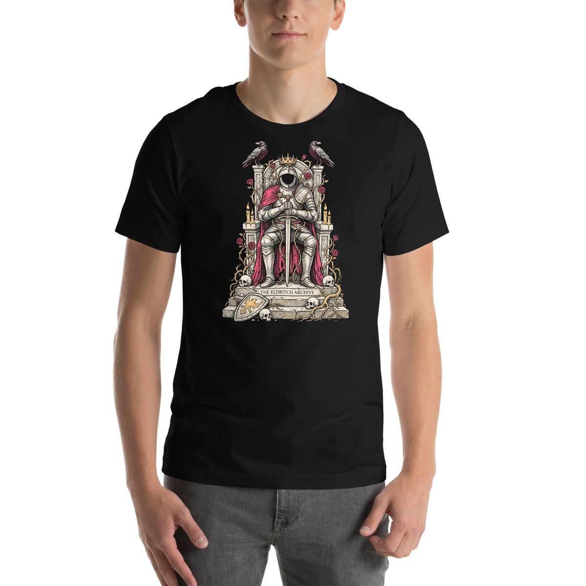 Printful supplier on-body mockup of The Empty Throne Waits on the original black T-shirt.
