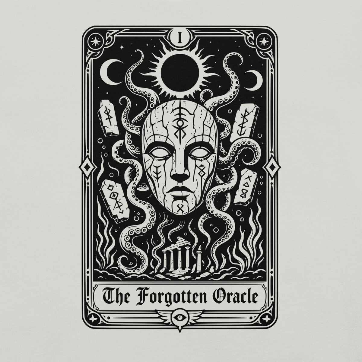 The Forgotten Oracle Silver t-shirt, original Printful front artwork-detail view