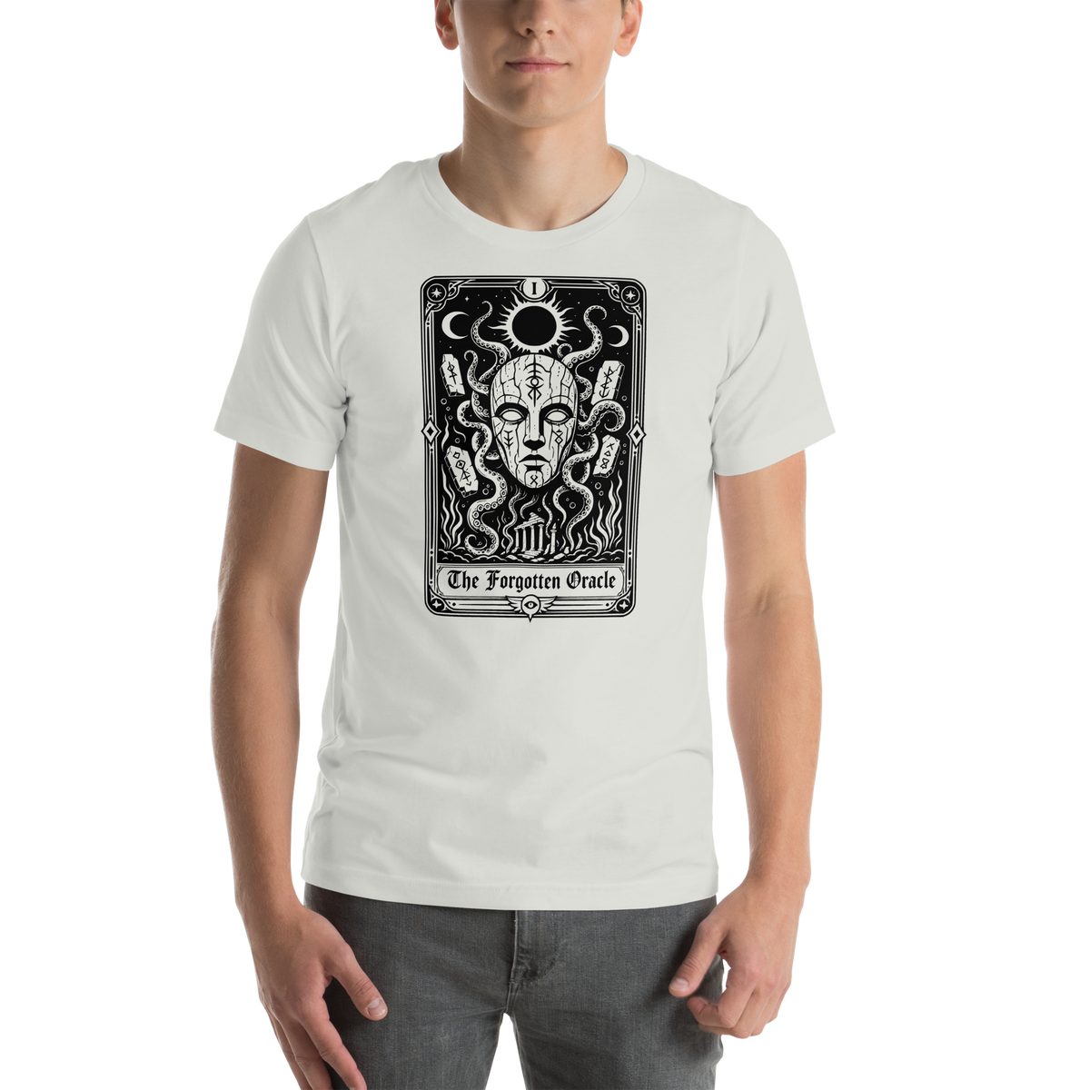 The Forgotten Oracle Silver t-shirt, original Printful front on-body view