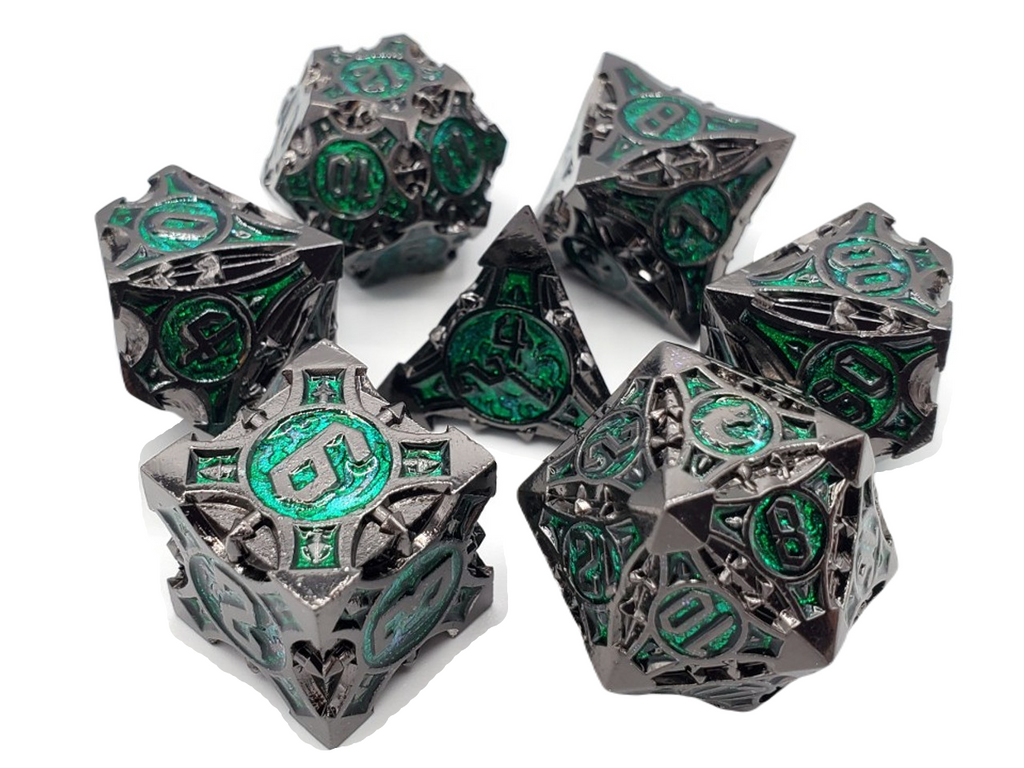 7-Piece RPG Metal Dice Set: Gnome Forged - Black Nickel w/ Green