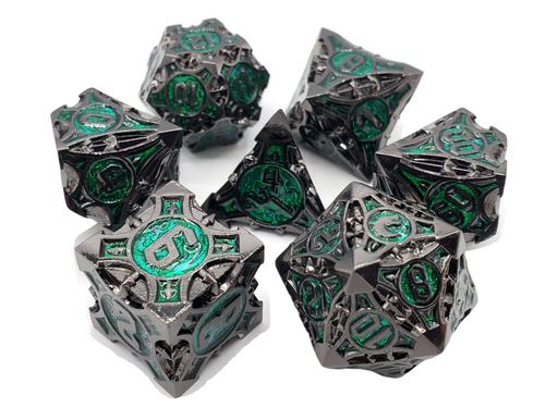 7-Piece RPG Metal Dice Set: Gnome Forged - Black Nickel w/ Green
