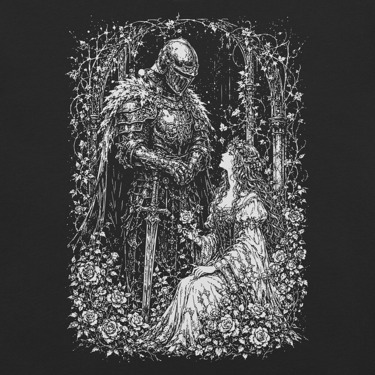 Printful supplier detail mockup of the Gothic Romance knight-and-maiden artwork on black fabric.