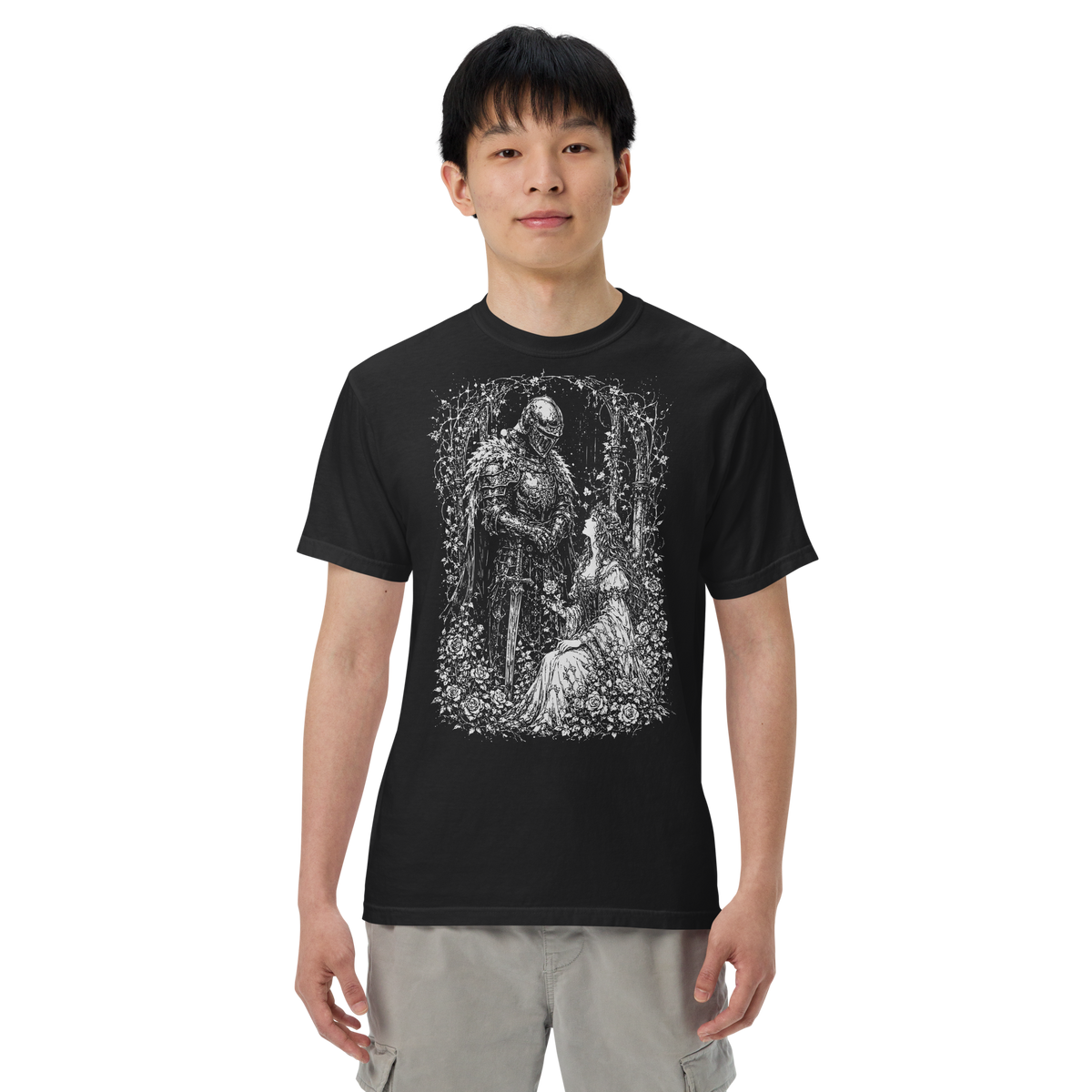 Printful supplier mockup of the black Gothic Romance heavyweight T-shirt on a model.