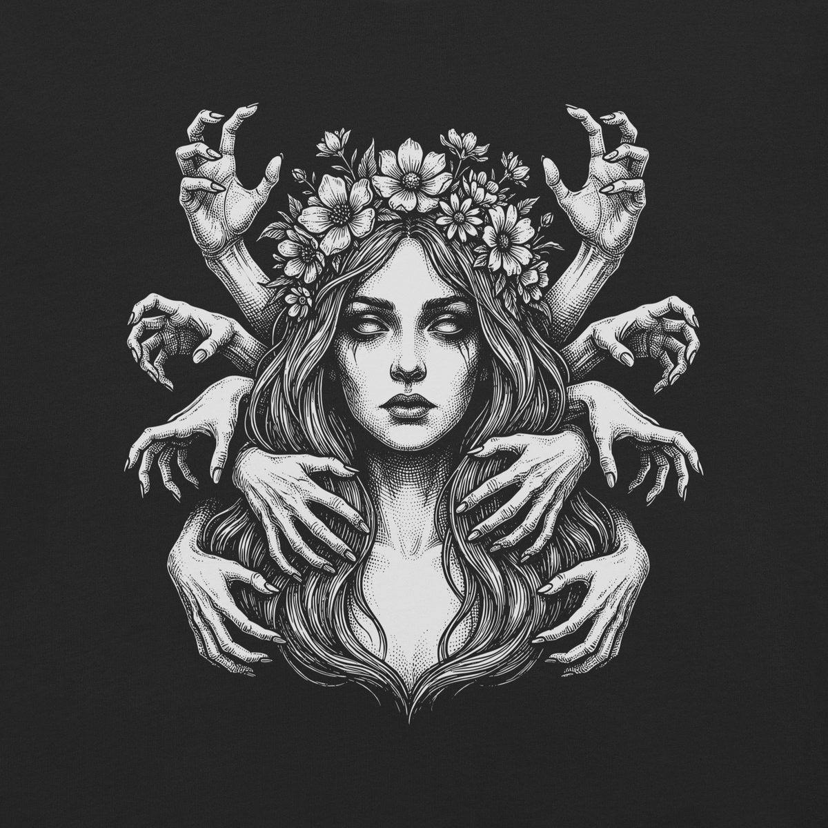 Grasping Shadows Occult Maiden black heavyweight t-shirt, original Printful artwork detail