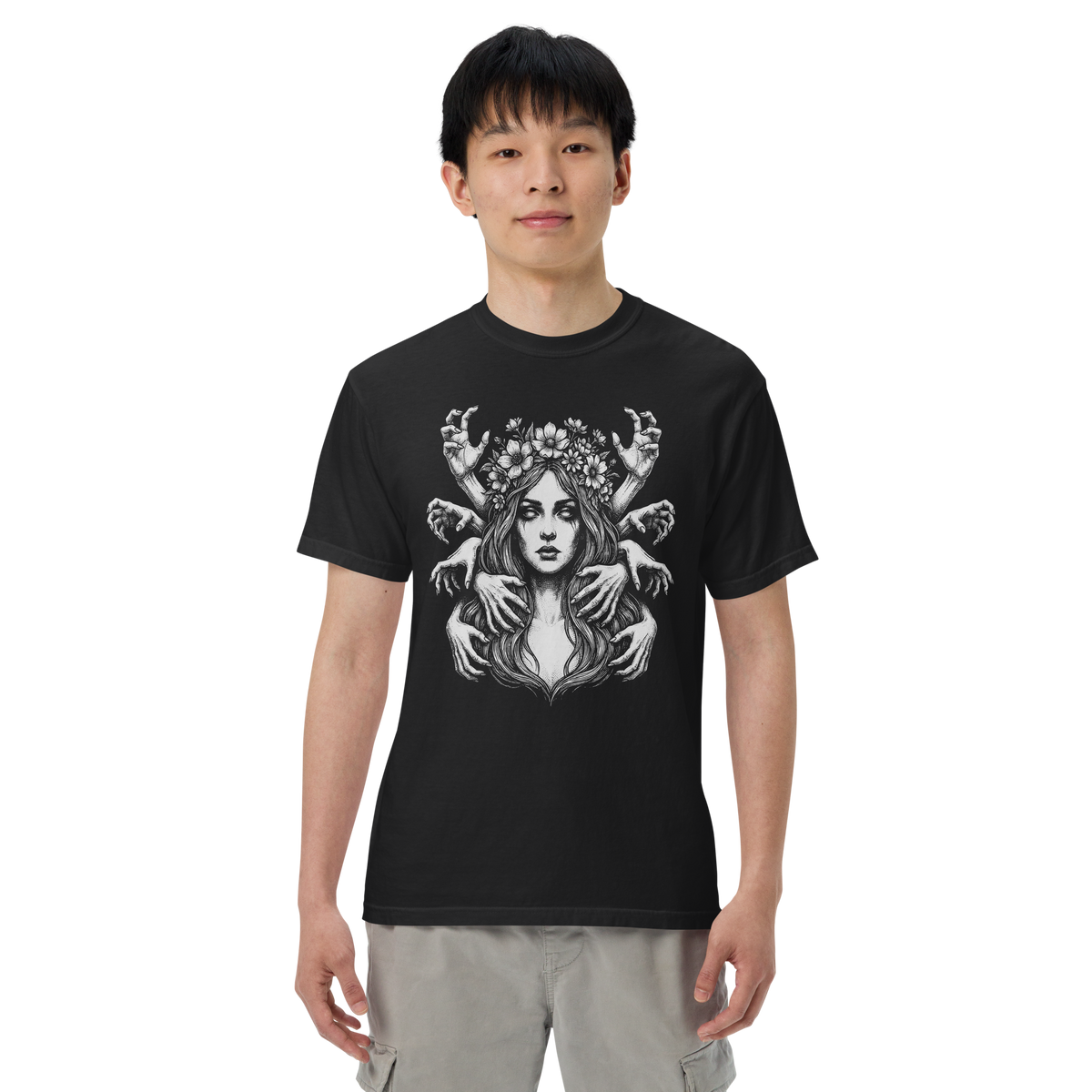Grasping Shadows Occult Maiden black heavyweight t-shirt, original Printful front on-body view