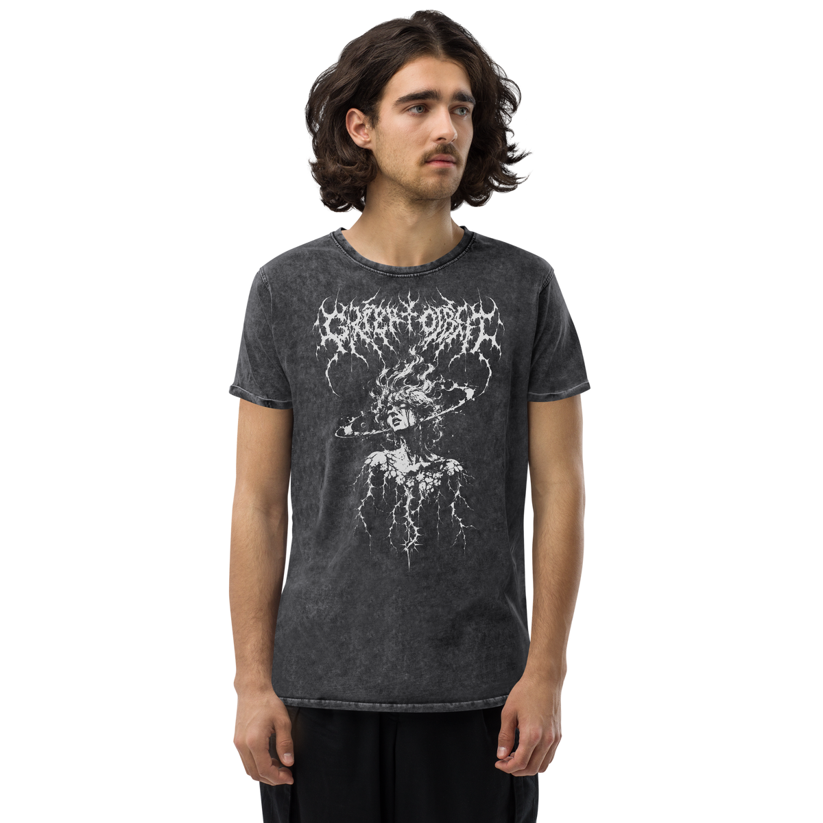 Grief Orbit black denim t-shirt, original Printful front on-body view