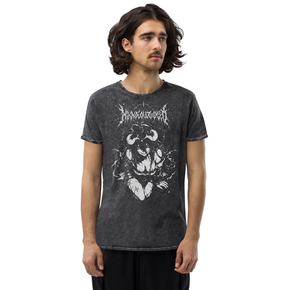 Horned Succubus black denim t-shirt, original Printful front on-body view