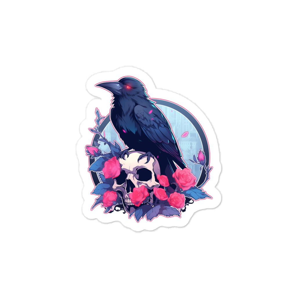 Gothic Raven & Skull kiss-cut vinyl sticker, 3×4 inch size