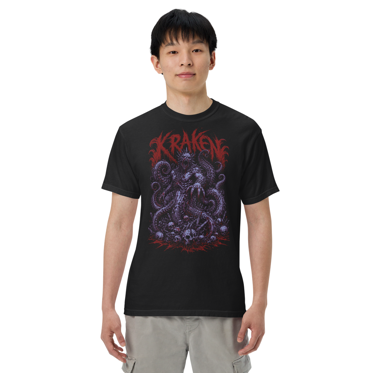 Kraken black heavyweight t-shirt, original Printful front on-body view
