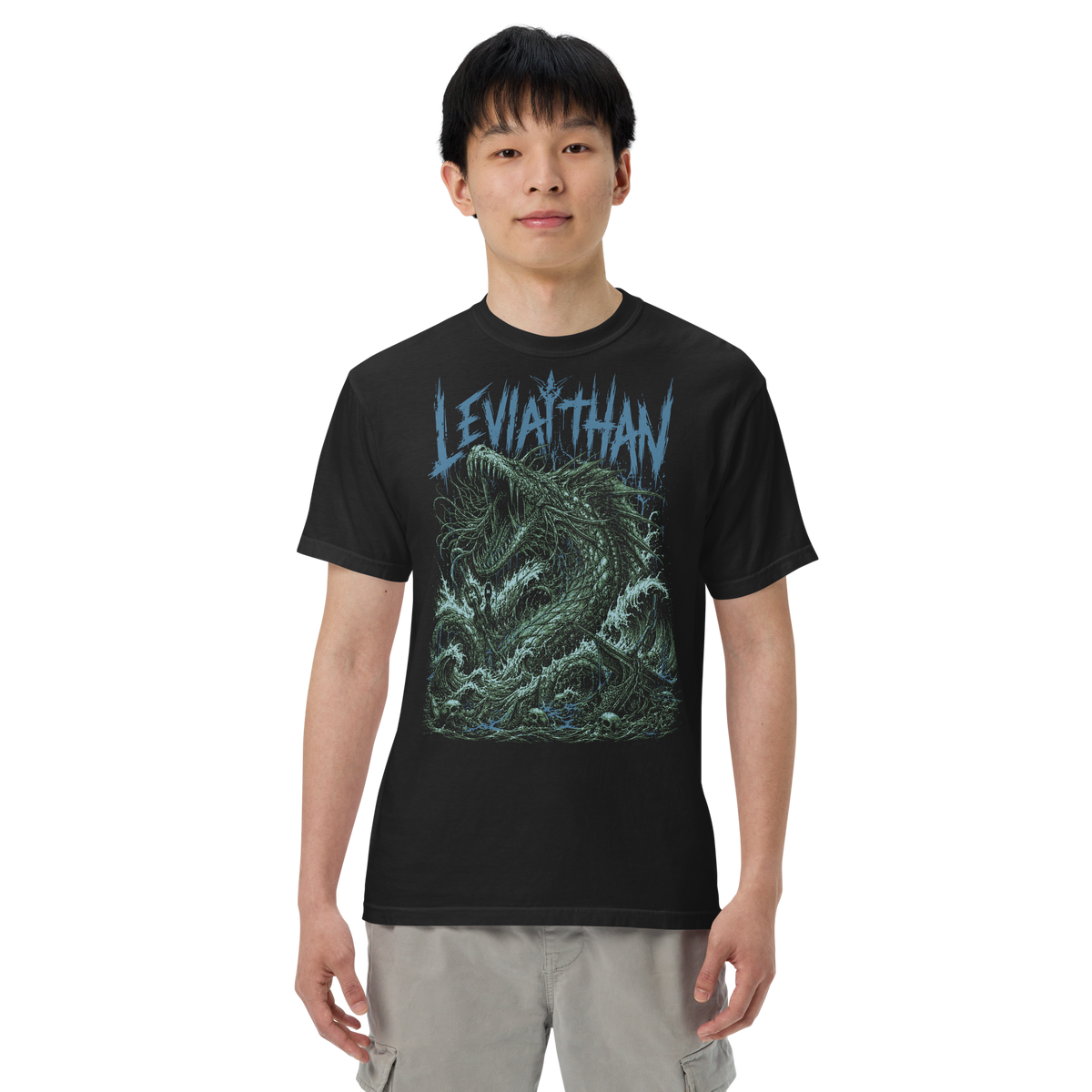 Leviathan black heavyweight t-shirt, original Printful front on-body view