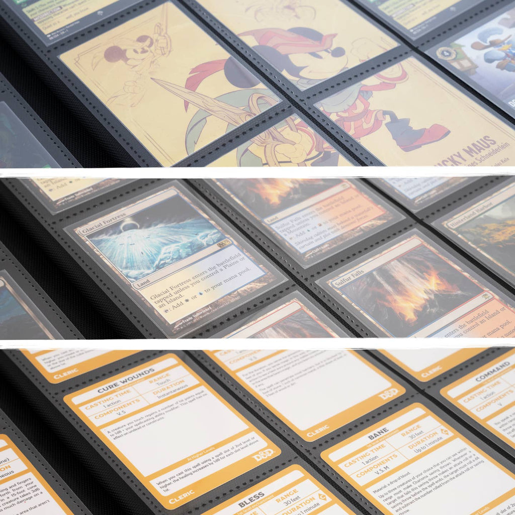 Side-loading pockets holding sleeved trading cards inside the LYNX binder
