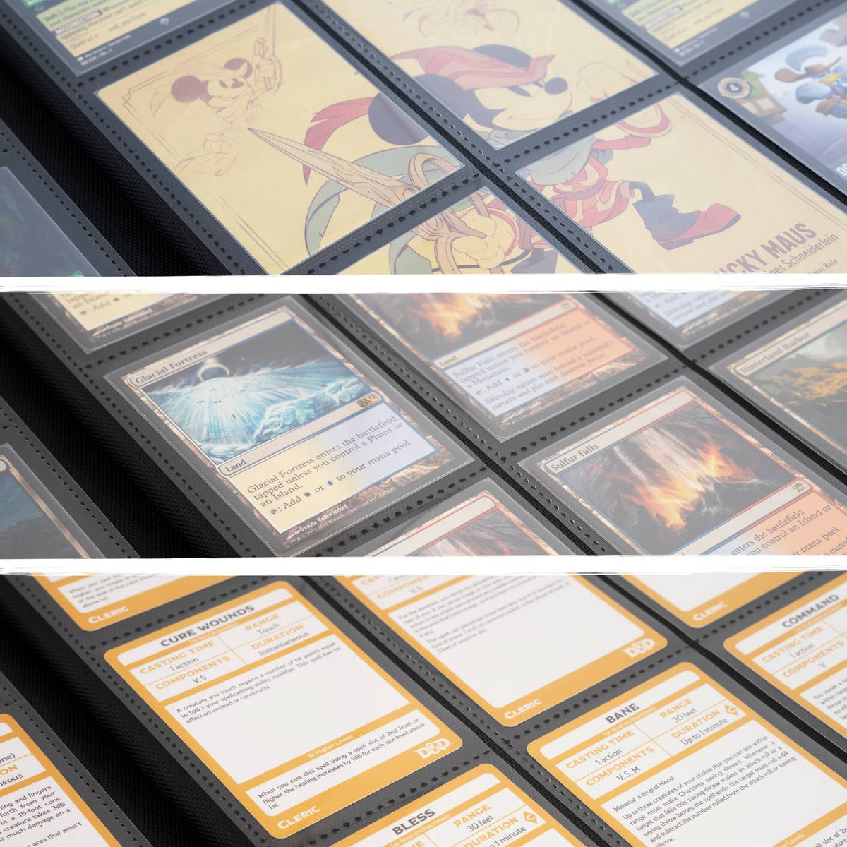 Side-loading pockets holding sleeved trading cards inside the LYNX binder