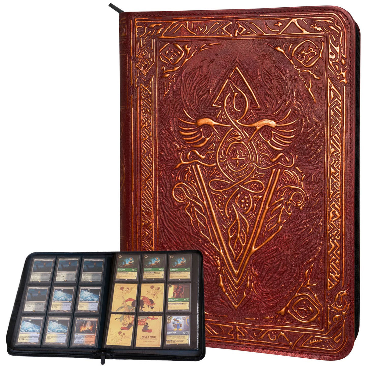 LYNX faux-leather spellbook trading card binder in Red, shown closed and open