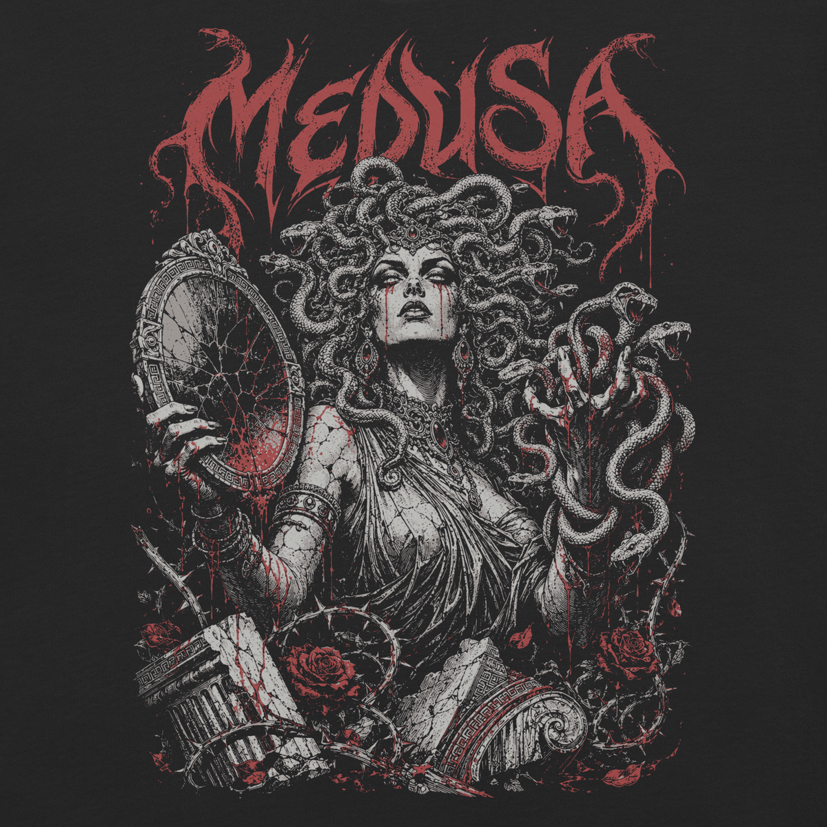 Medusa black heavyweight t-shirt, original Printful artwork detail