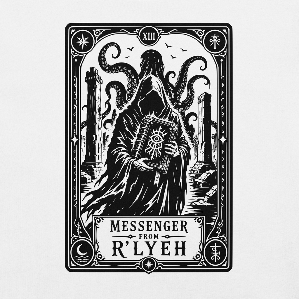 Messenger From R'lyeh white t-shirt, original Printful artwork detail
