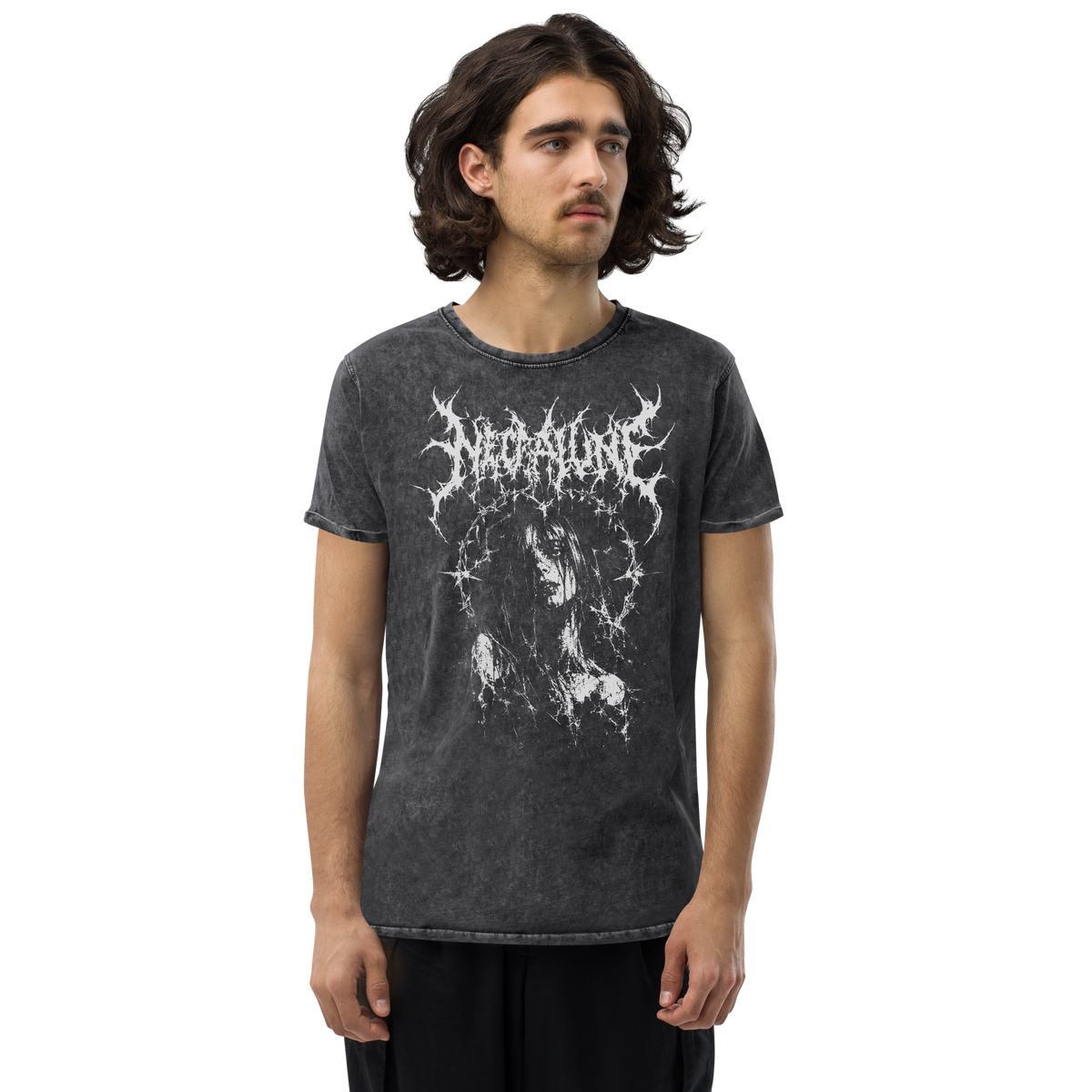 Necralune black denim t-shirt, original Printful front on-body view