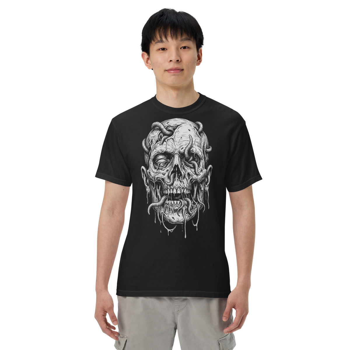 Necrotic Host black heavyweight t-shirt, original Printful front on-body view