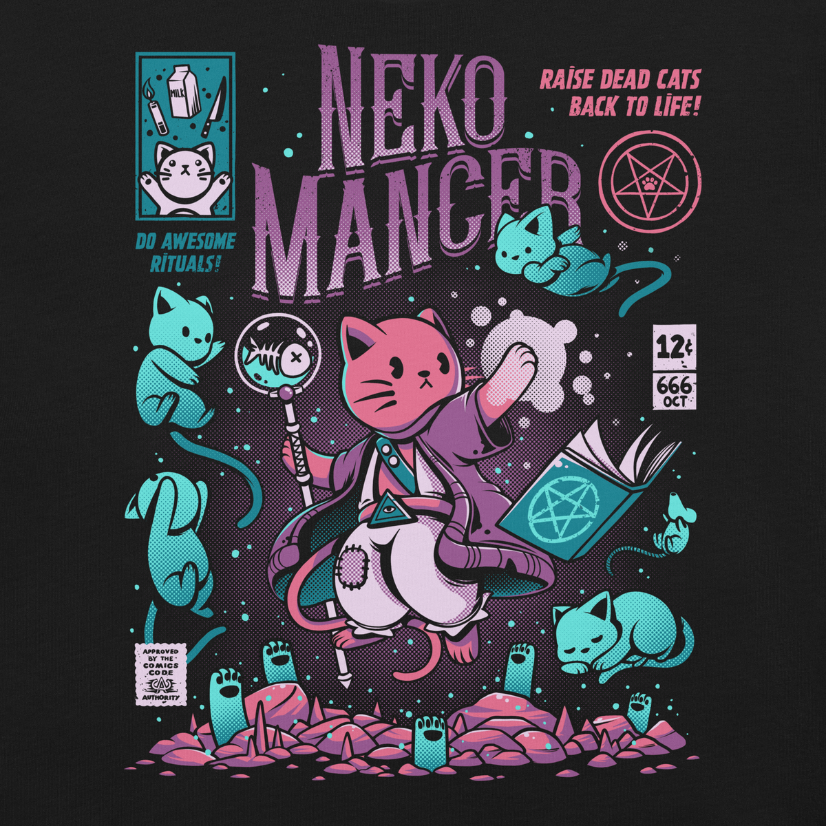 Nekomancer black unisex t-shirt, original Printful artwork detail