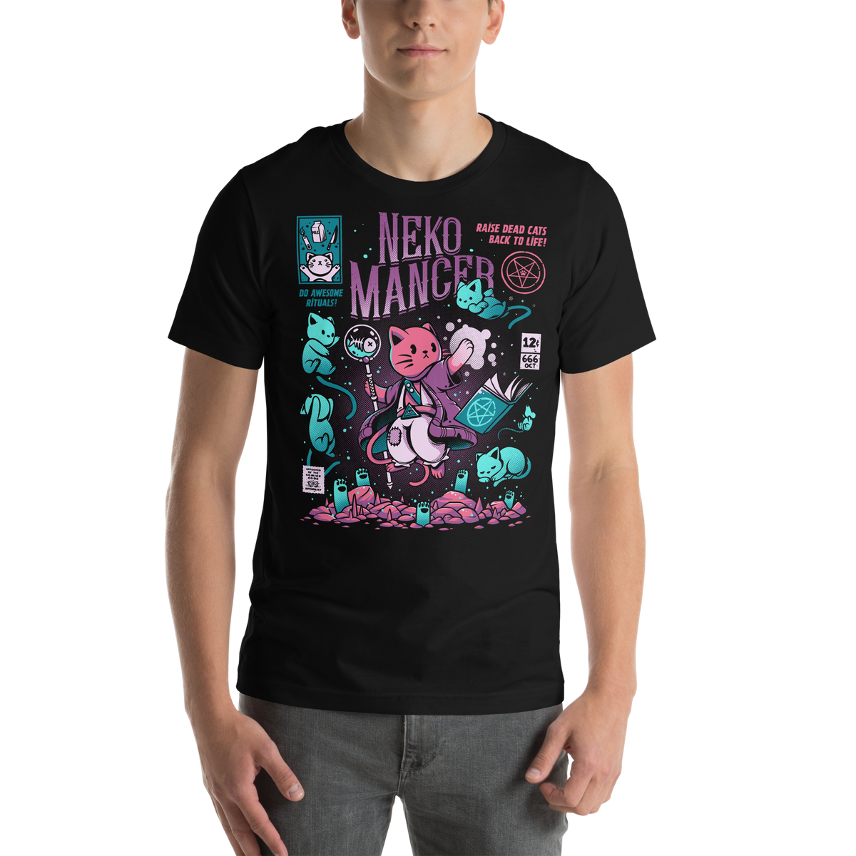 Nekomancer black unisex t-shirt, original Printful front on-body view