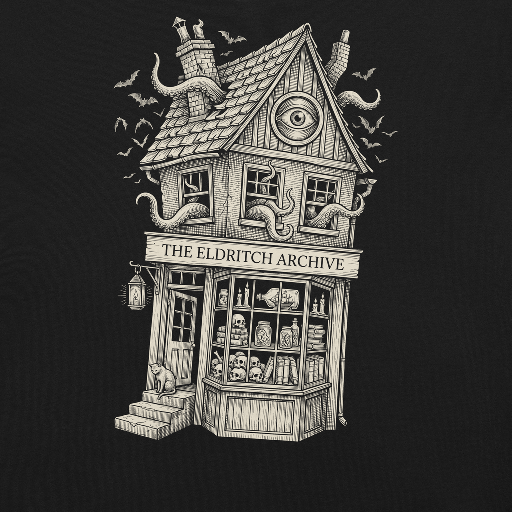 Printful supplier artwork detail mockup of Open After Midnight on the original black T-shirt.