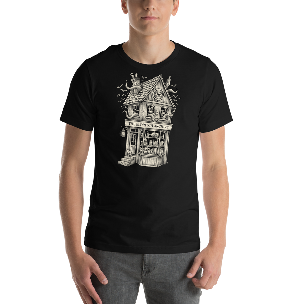 Printful supplier on-body mockup of Open After Midnight on the original black T-shirt.
