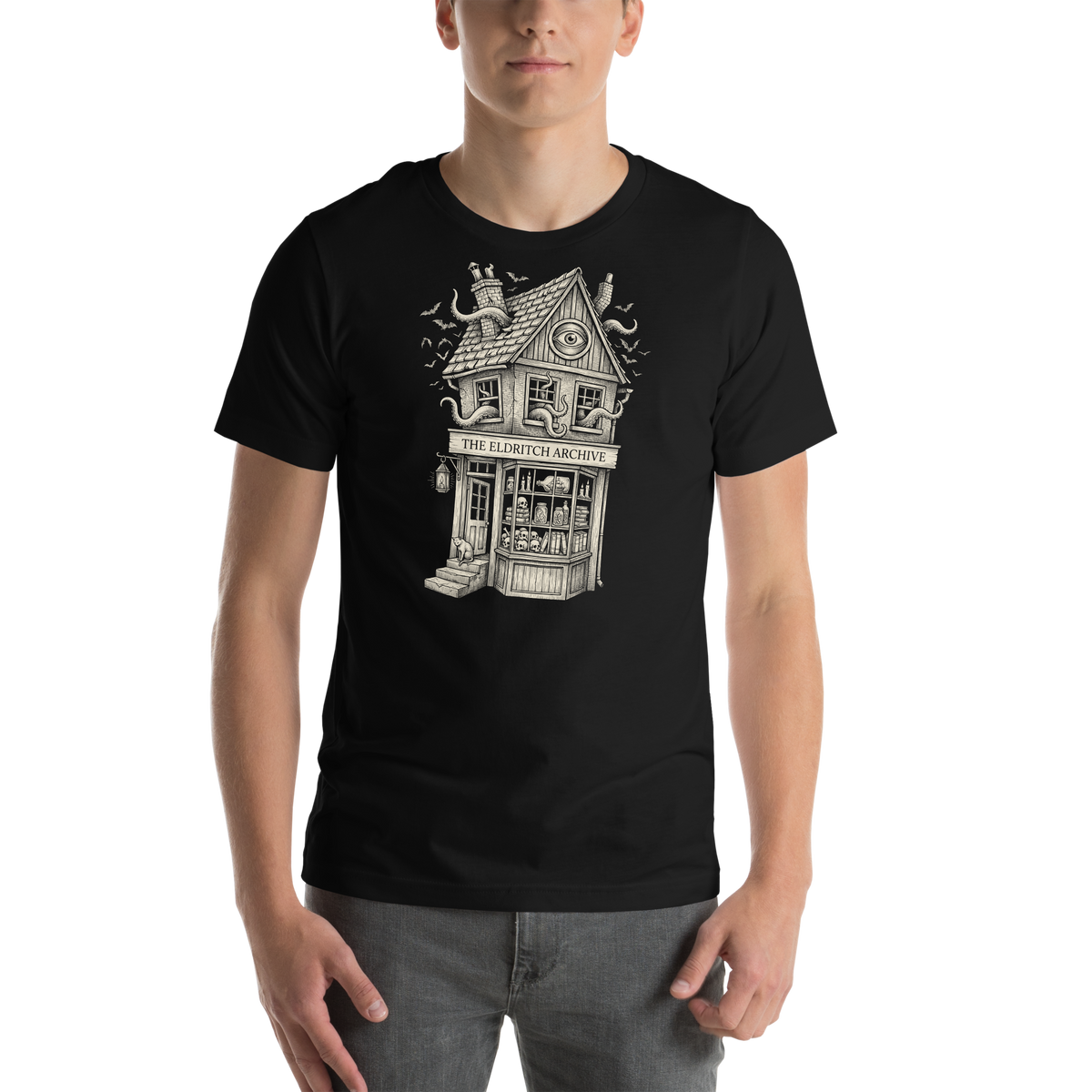 Printful supplier on-body mockup of Open After Midnight on the original black T-shirt.