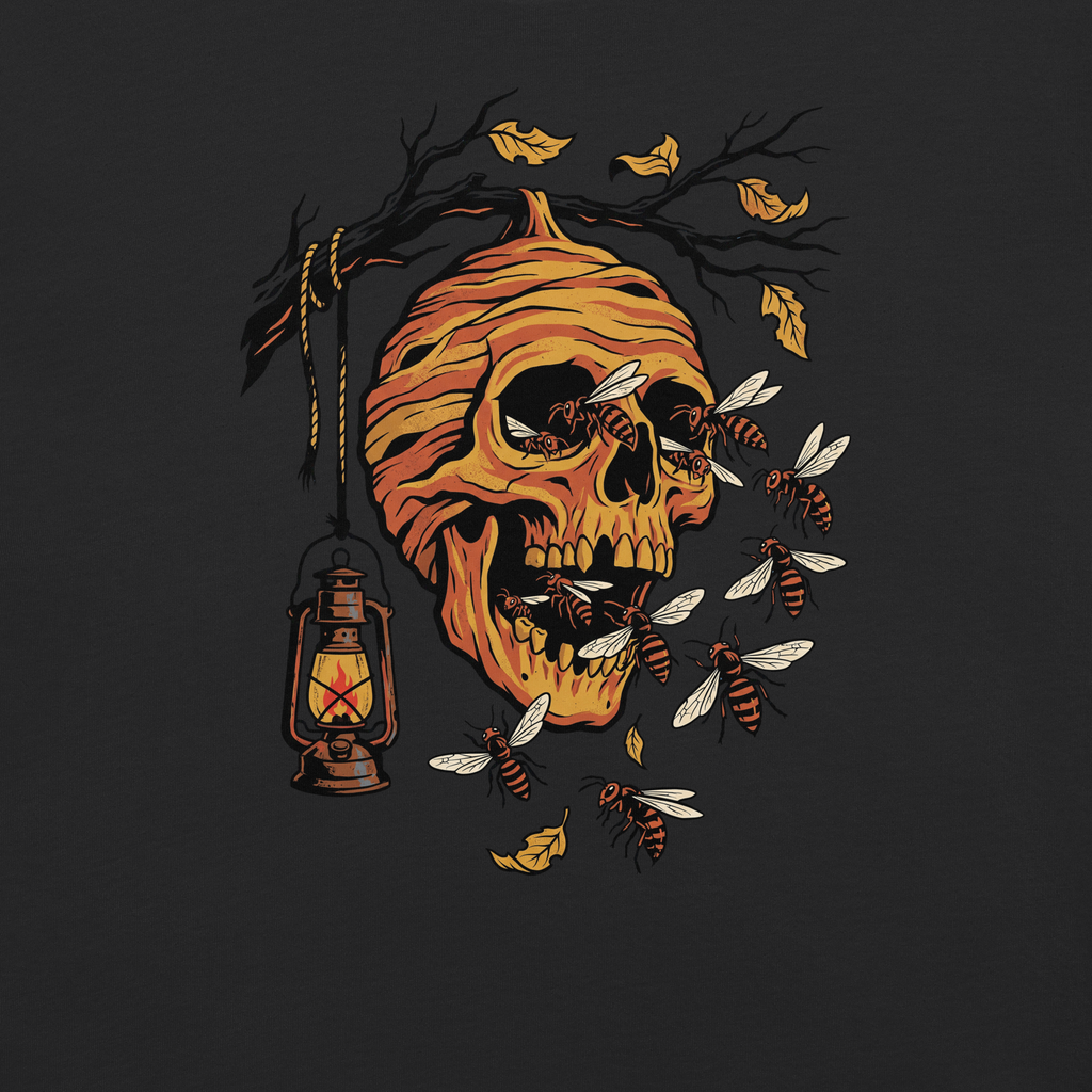 Printful supplier artwork detail mockup of The Paper Skull on the original black heavyweight T-shirt.