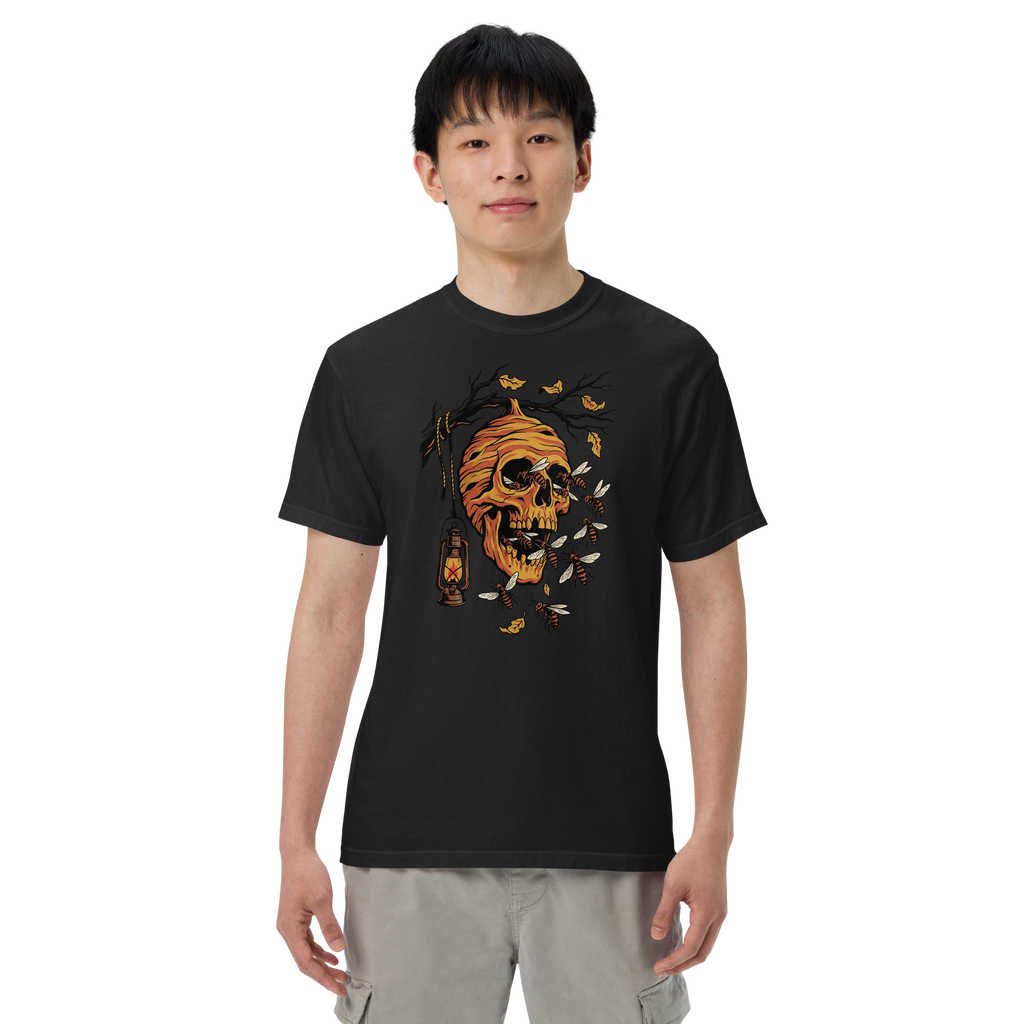 Printful supplier on-body mockup of The Paper Skull on the original black heavyweight T-shirt.