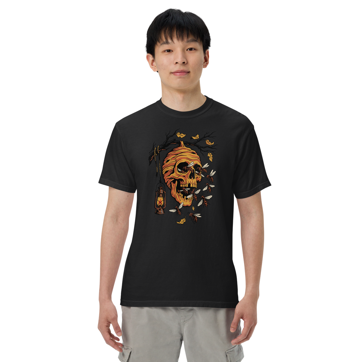 Printful supplier on-body mockup of The Paper Skull on the original black heavyweight T-shirt.